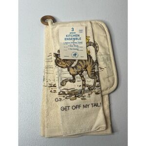 Vtg 3 Piece Kitchen Towel Set Cat Bird MCM Pot Holder Dish Cloth Gibson Humor
